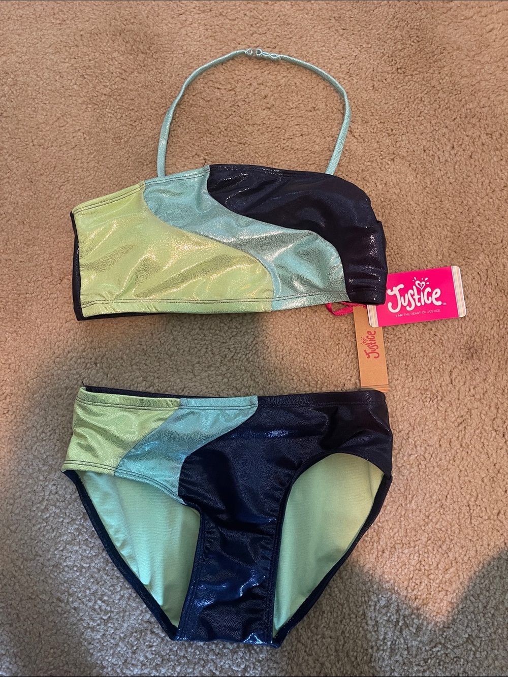 Justice Girls' Metallic Colorblock Bikini - Lime Green/Teal/Black